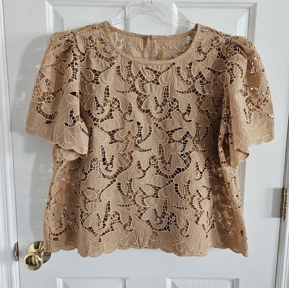 NWOT Express Embroidered Crochet Puff Sleeve Top - Picture 1 of 10